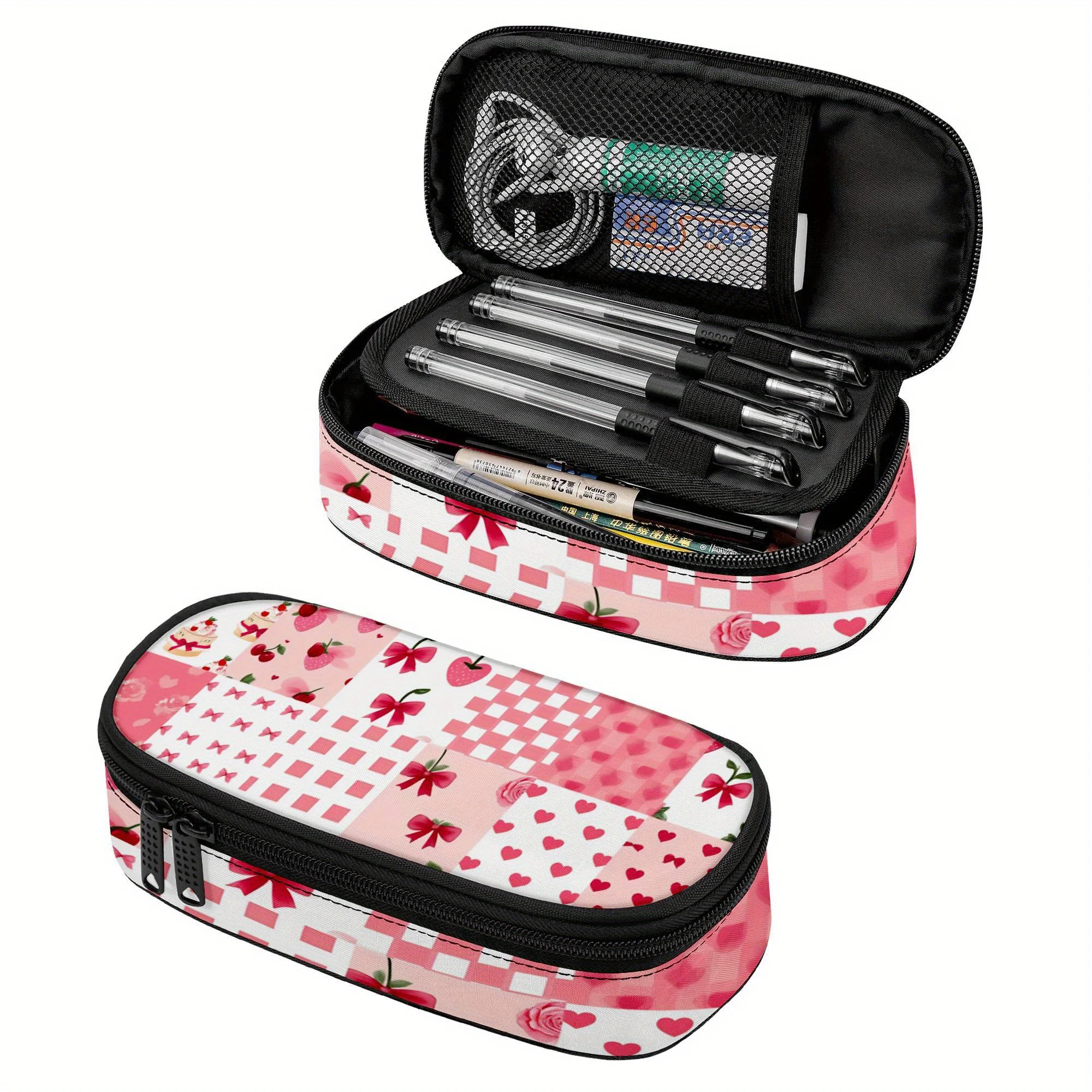 Checker Hearts Pencil Case, Cherry Bows Pencil Pouch, Pink Grids Pencil Bag with Zipper Compartment, Heart Dots Makeup Bag