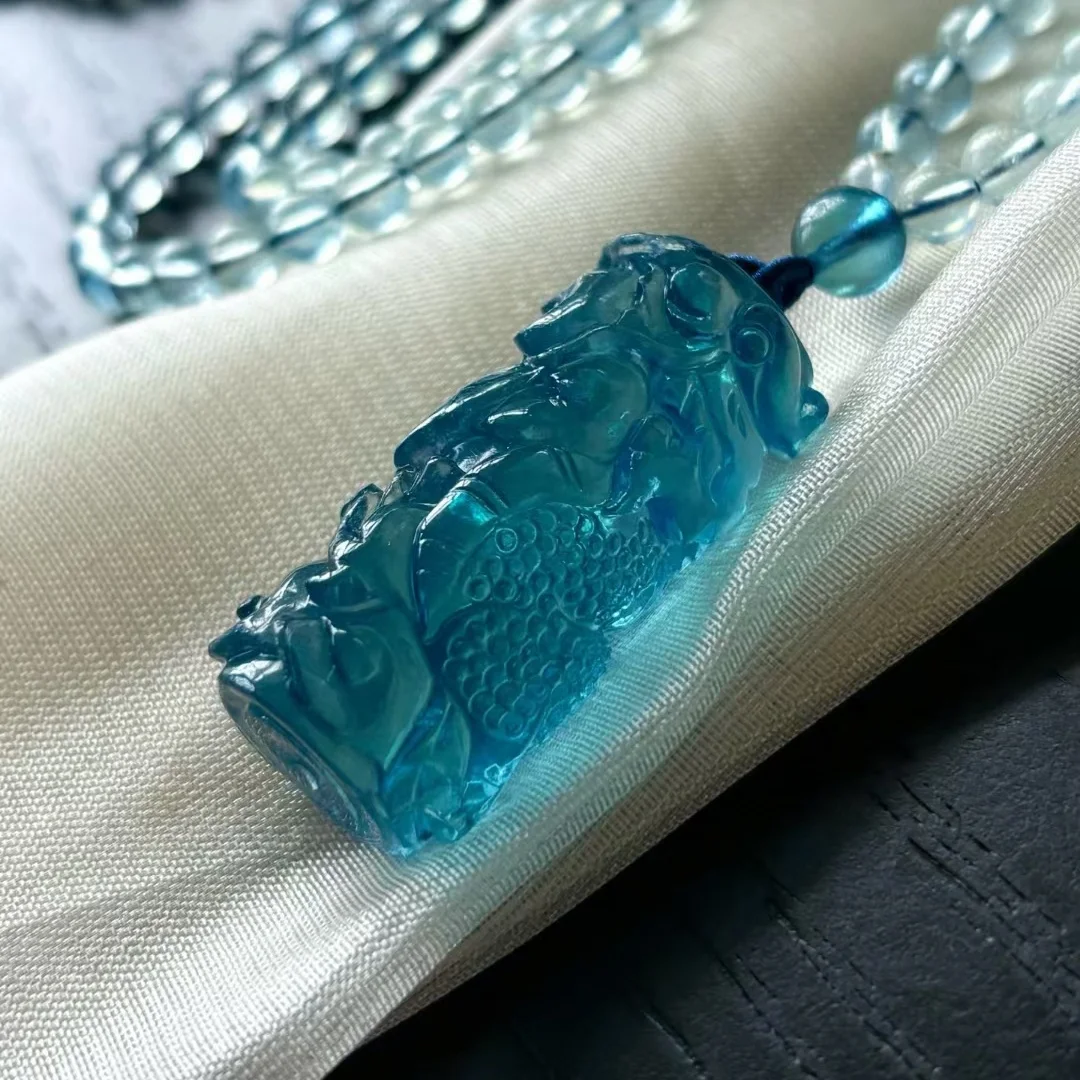 Natural Blue Aquamarine Rectangle Pendant 38x18mm Dragon Big Size Aquamarine Brazil Jewelry Women Fashion Jewelry AAAAAAA