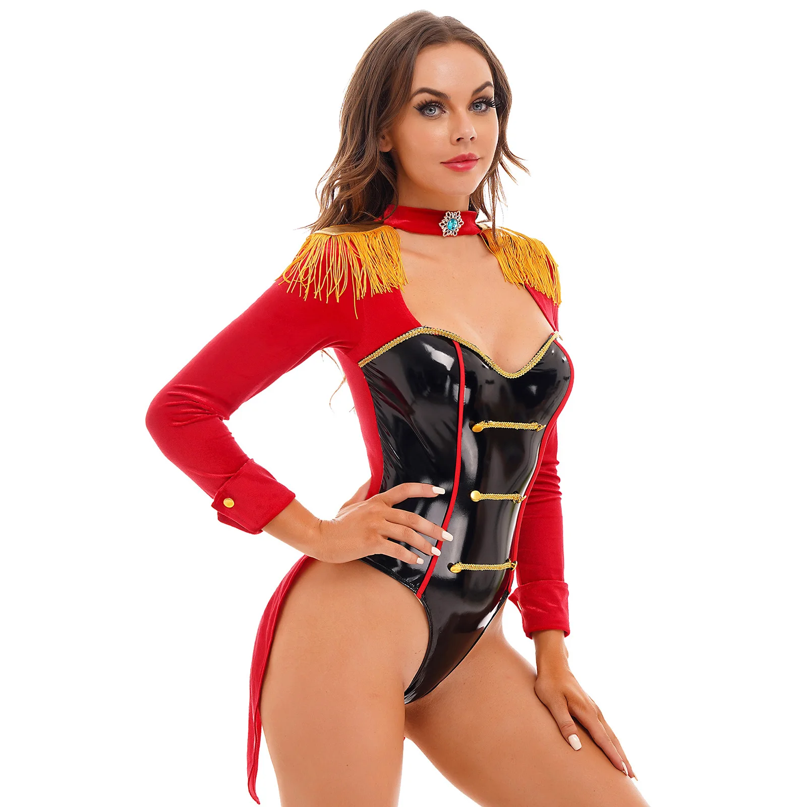 Womens Circus Ringmaster Cosplay Outfit Role Play Costume Tassel Shoulder Board Long Sleeve Bodysuit Swallow-Tailed Catsuit