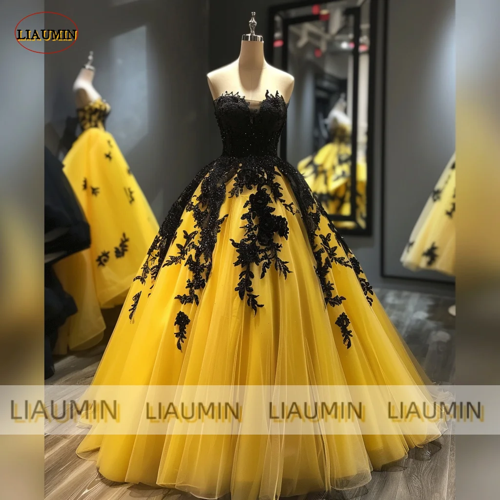 Yellow Tulle Black Lace Applique Strapless Evening Prom Dress A Line Full Length Formal Occasion Party Lace Up Hand Made A1-11