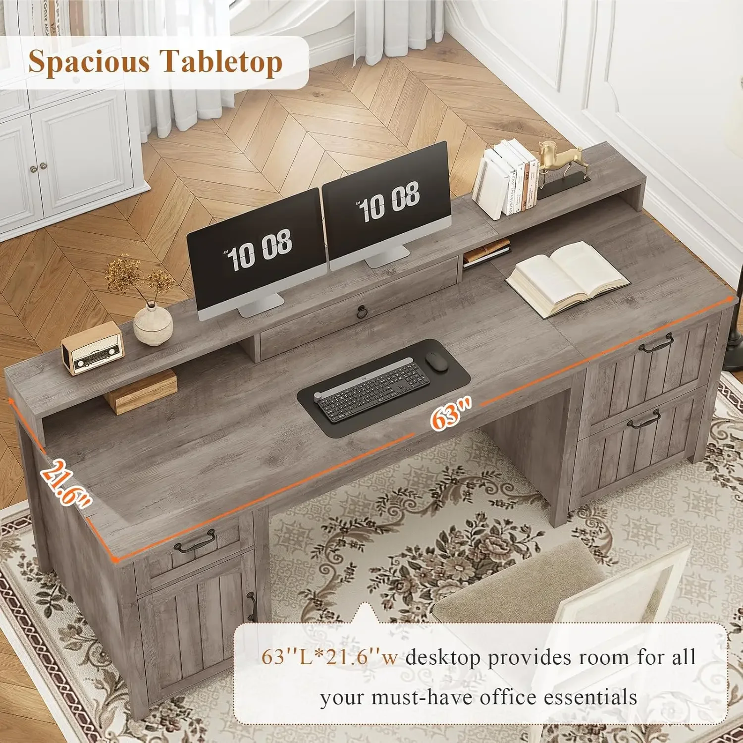 "Farmhouse 63” Executive Desk, Wooden Computer Desk with Drawers & Storage – Includes File Cabinet for Home Office Organizatio image 3