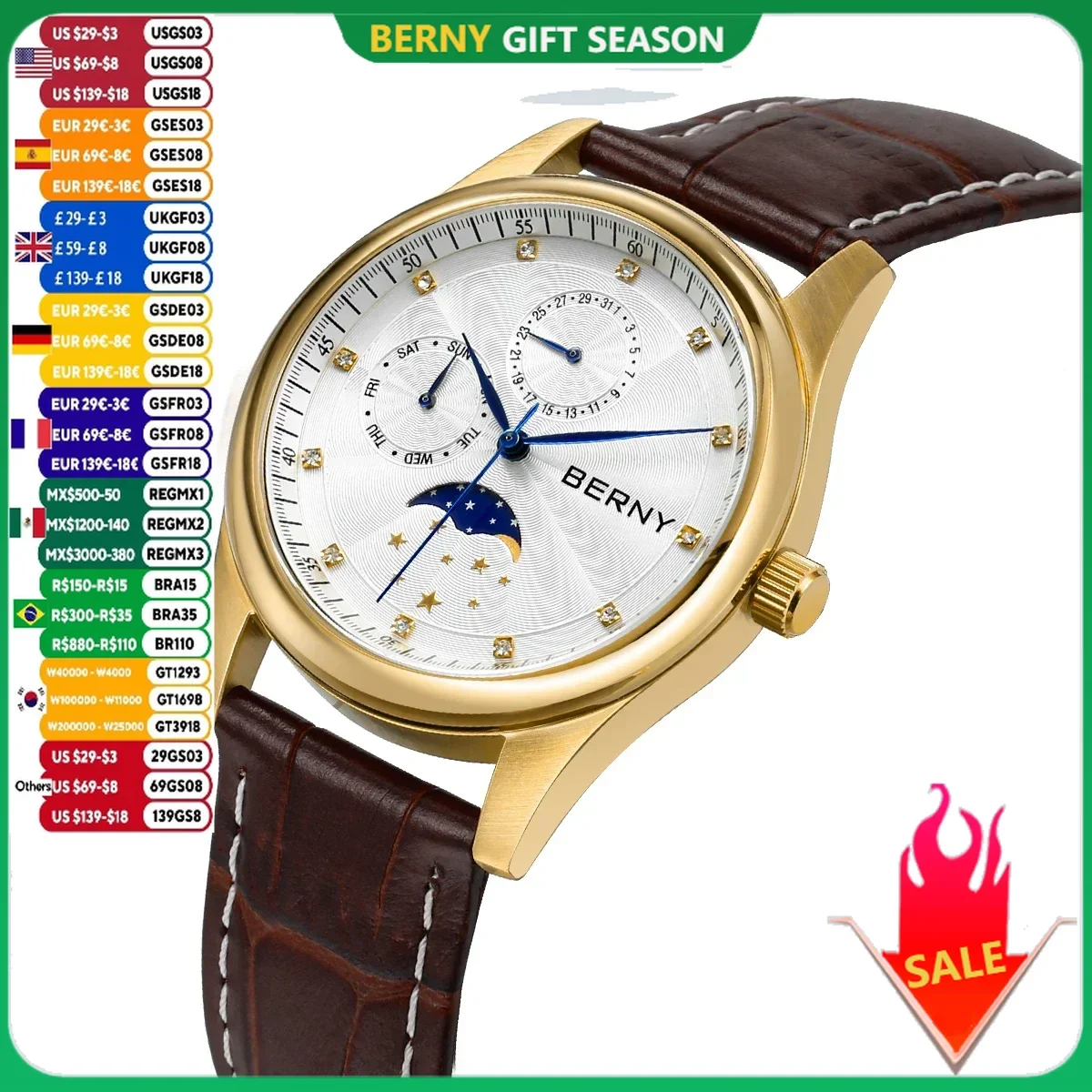 BERNY Women\'s Watches Calendar Date Week Real Moon Phase Quartz Women Watch Leather Strap Elegant Casual Ladies Girl Wristwatch