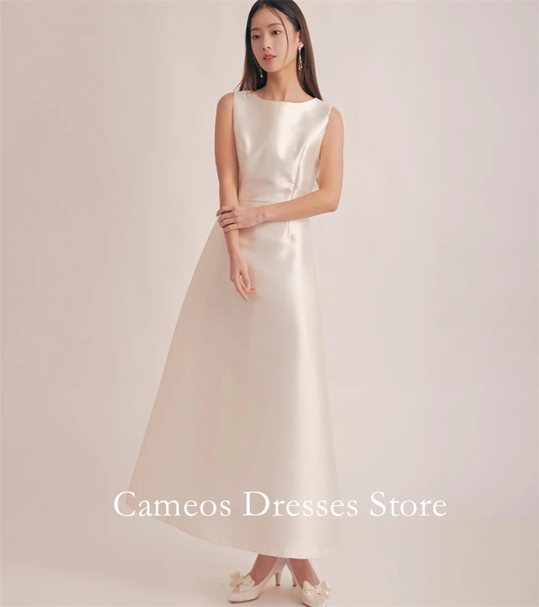SONDR Customized Boat Neck Ivory A-Line Wedding Dresses Tea Length Sleeveless Simple Korea Brides Gowns Women Bridal Dresses