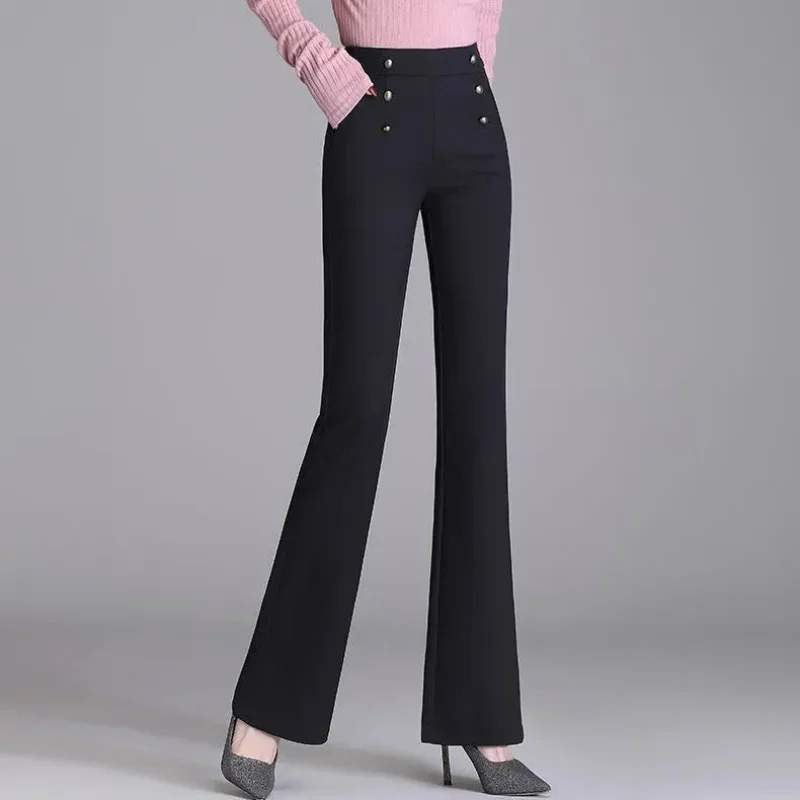 Simple Temperament High Waist Flare Pants Women Solid Pocket Autumn Winter Casual Versatile Office Lady Slim Trousers Z320