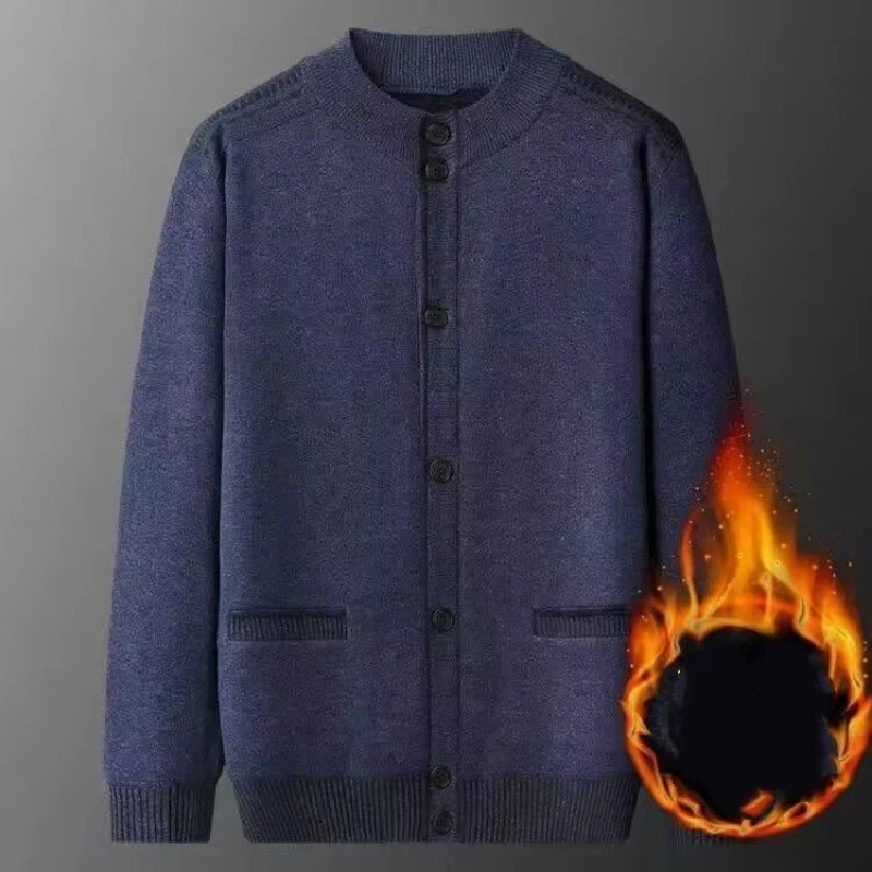 

Осень-зима, мужской кардиган среднего возраста для пожилых людей, бархатная толстая вязаная куртка с круглым вырезом, теплый свитер, нижнее белье