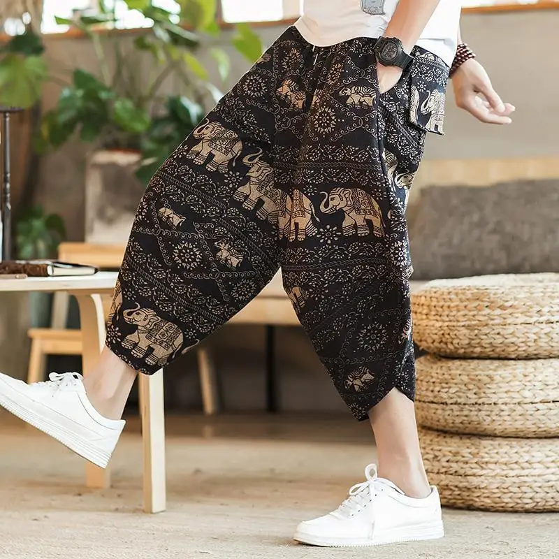 High Street Fashion Casual Summer Men\'s Elastic Waist Fiberflax Printing Pocket Trend Versatile Loose Calf Length Beach Shorts