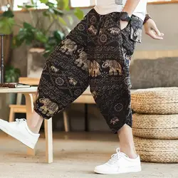 High Street Fashion Casual Summer Men's Elastic Waist Fiberflax Printing Pocket Trend Versatile Loose Calf Length Beach Shorts