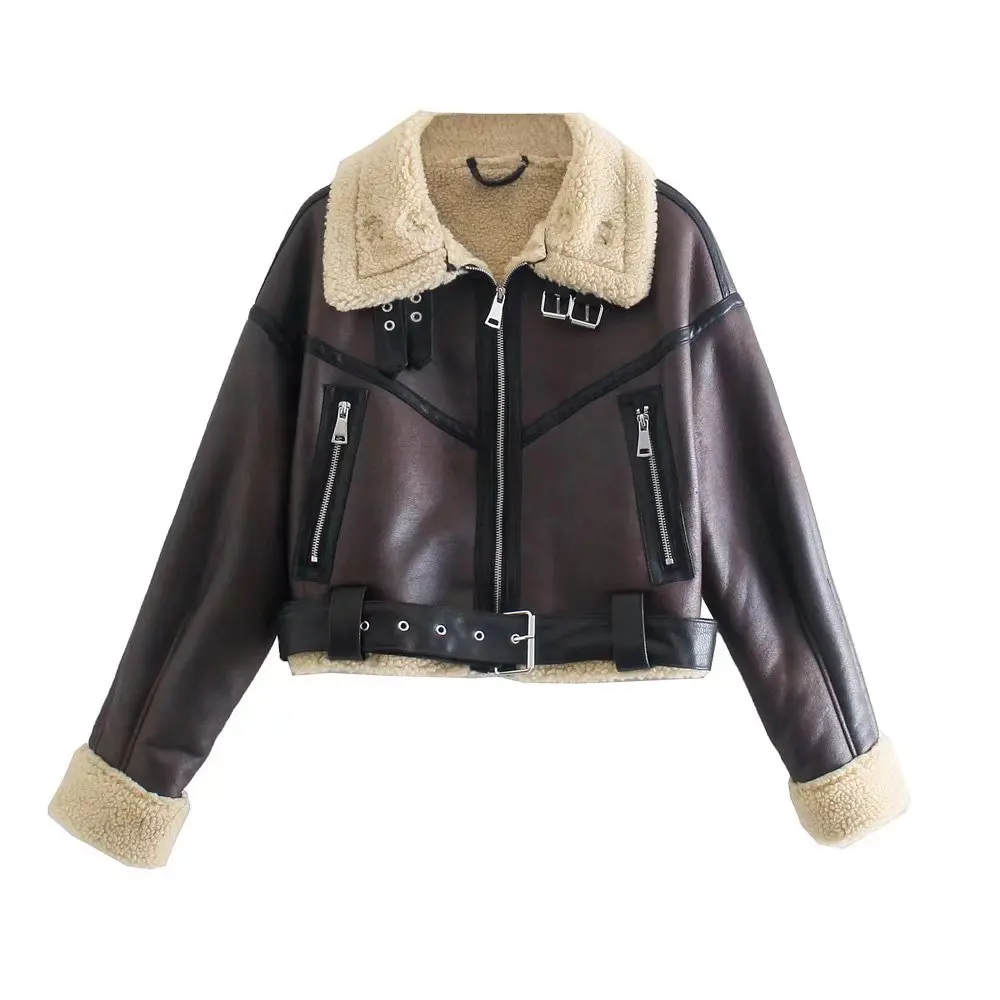 Casaco grosso quente do falso shearling feminino, casaco de manga longa vintage, outerwear de couro feminino, tops chiques, bainha do cinto, moda, 2022