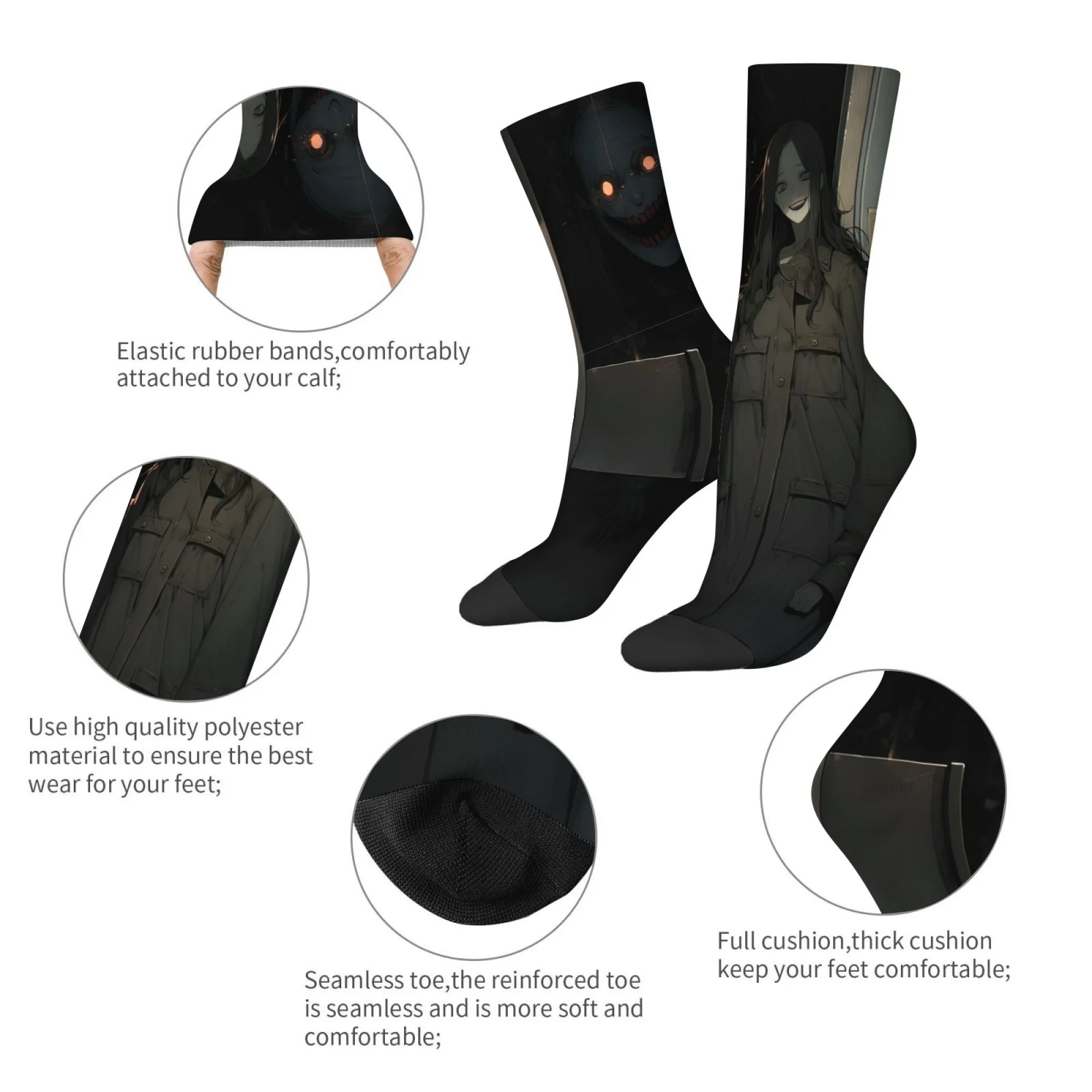 جوارب طاقم الرسوم المتحركة الداكنة قناع مخيف وجوارب مطبوعة على شكل شخصية سوداء هدية لعشاق أنيمي التشويق على طراز الرعب