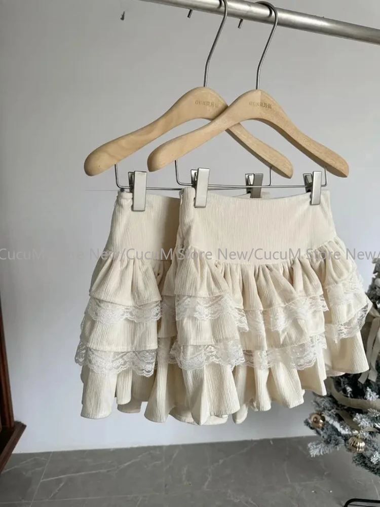 Vintage Cake Skirts Lace Patchwork High Waist Mujer Faldas Solid Fashion Sweet Falda Casual Temperament Short Skirt for Women