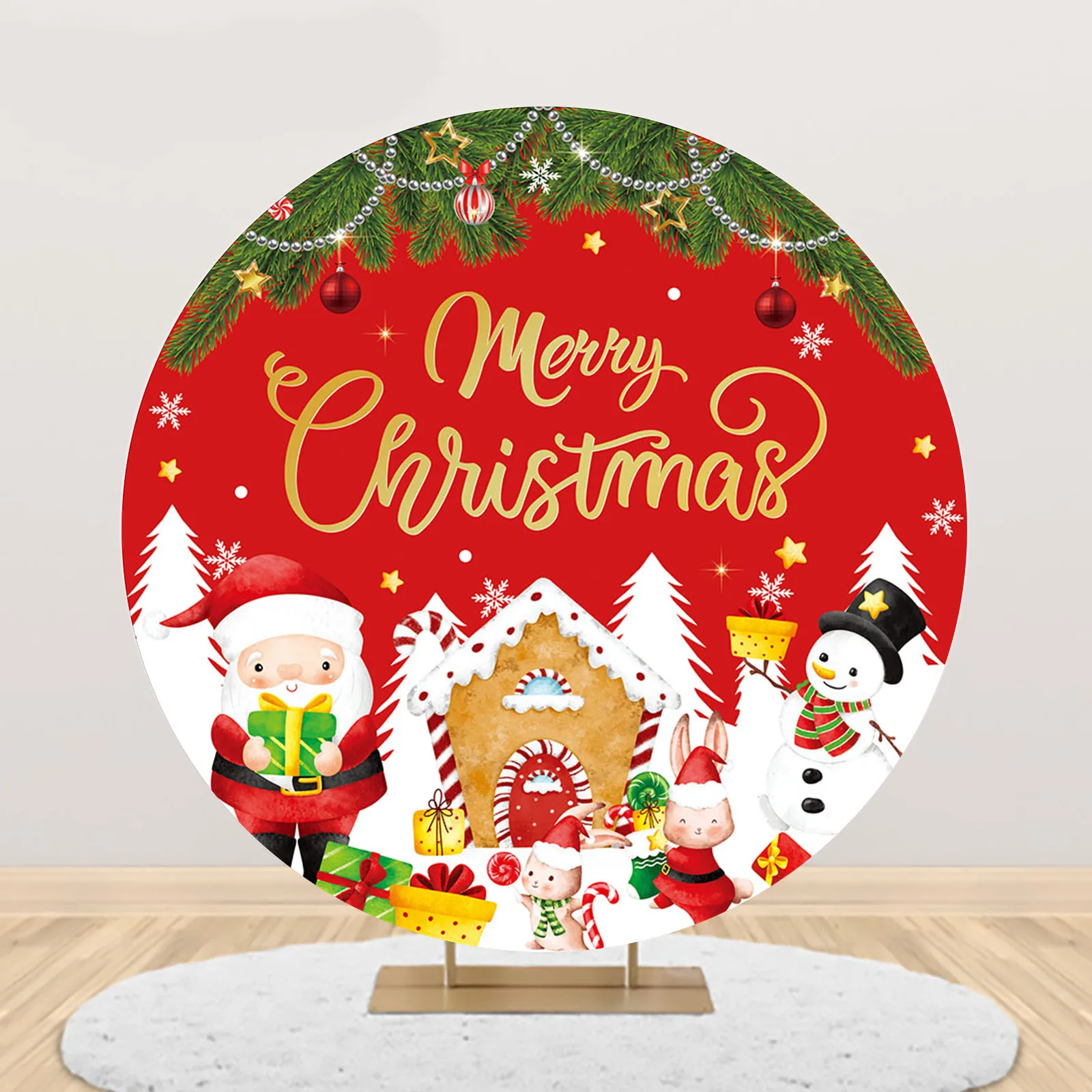 Merry Christmas Round Arch Backdrop Cover Green Xmas Tree White Snowflake Red Photography Background Festival Party Decoration