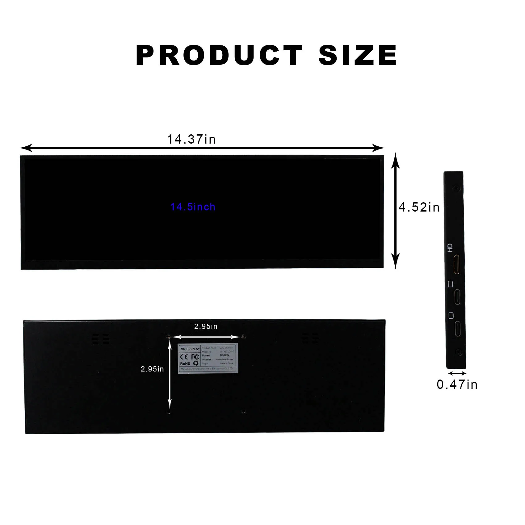 14.5" 2560x720 2K IPS Touch LCD Monitor ,Type C Video Input ,Metal Shell