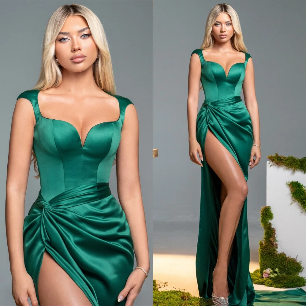 

Customized Formal Green Satin Evening Dress Modern Strapless Sleeveless Homecoming Dresses Court Train Special Occasion Gowns