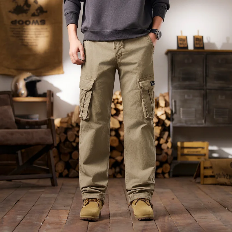 Men's Retro Cotton Pants Thick Loose Straight Leg Work Casual Trousers Fashionable Autumn Winter Clothing