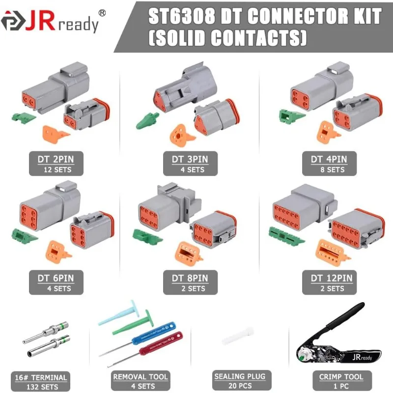 JRready ST6308 Deutsch Connector Kit, Waterproof DT Connector 2, 3, 4, 6, 8, 12 Pin Bronze