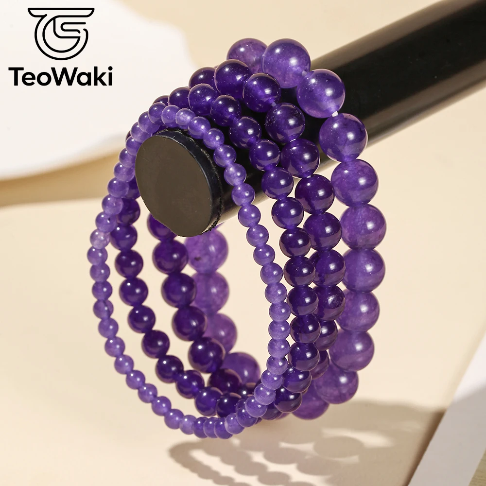 TeoWaki Symbol of Wisdom, improve study & work efficiency Natural Purple Jades Stone Elastic Bracelet for Women Men 4/6/8/10mm