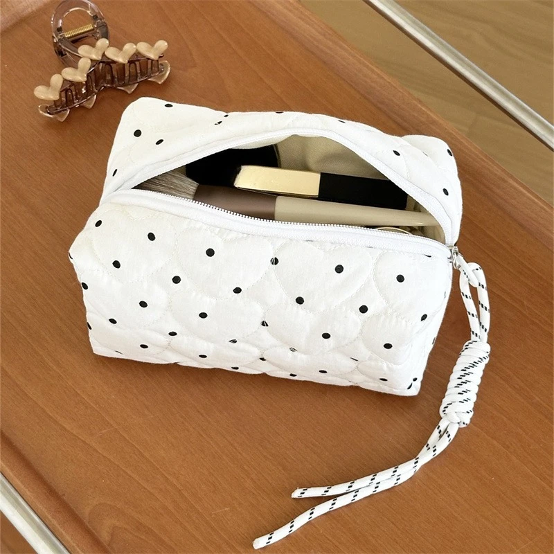 Portable White Dot Makeup Bag for Women Girls Large Small Cosmetic Pouch Case Mini Wallet Coin Purse with Lipstick Brush Holder