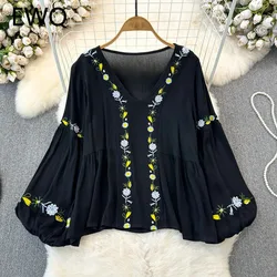 EWQ Casual Flower Embroidery Women's Blouses 2024 Autumn New V-neck Long Sleeve Loose Fit Fashion Pullover Top Clothing 27X938