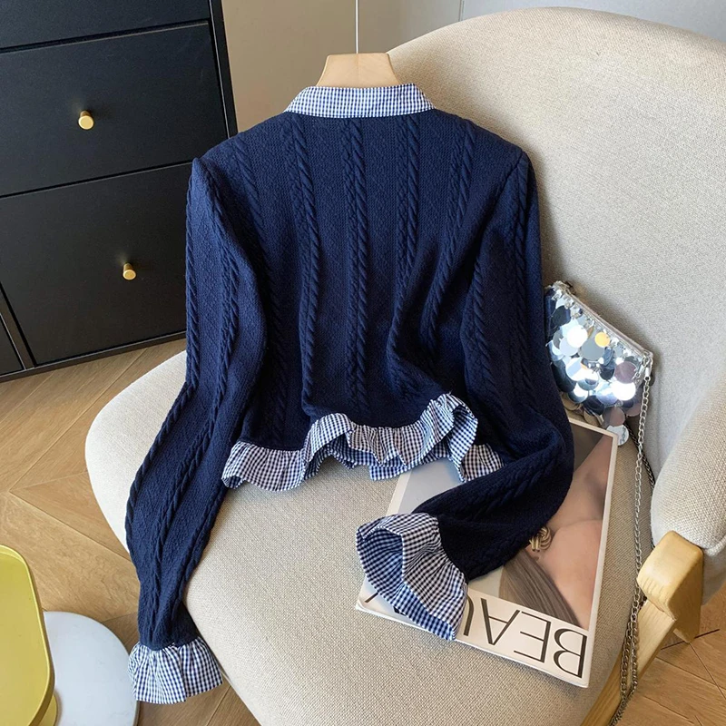 Модный лоскутный женский кардиган с милым бантом, однобортный вязаный укороченный свитер Y2K, вязаные джемперы с оборками и длинными рукавами