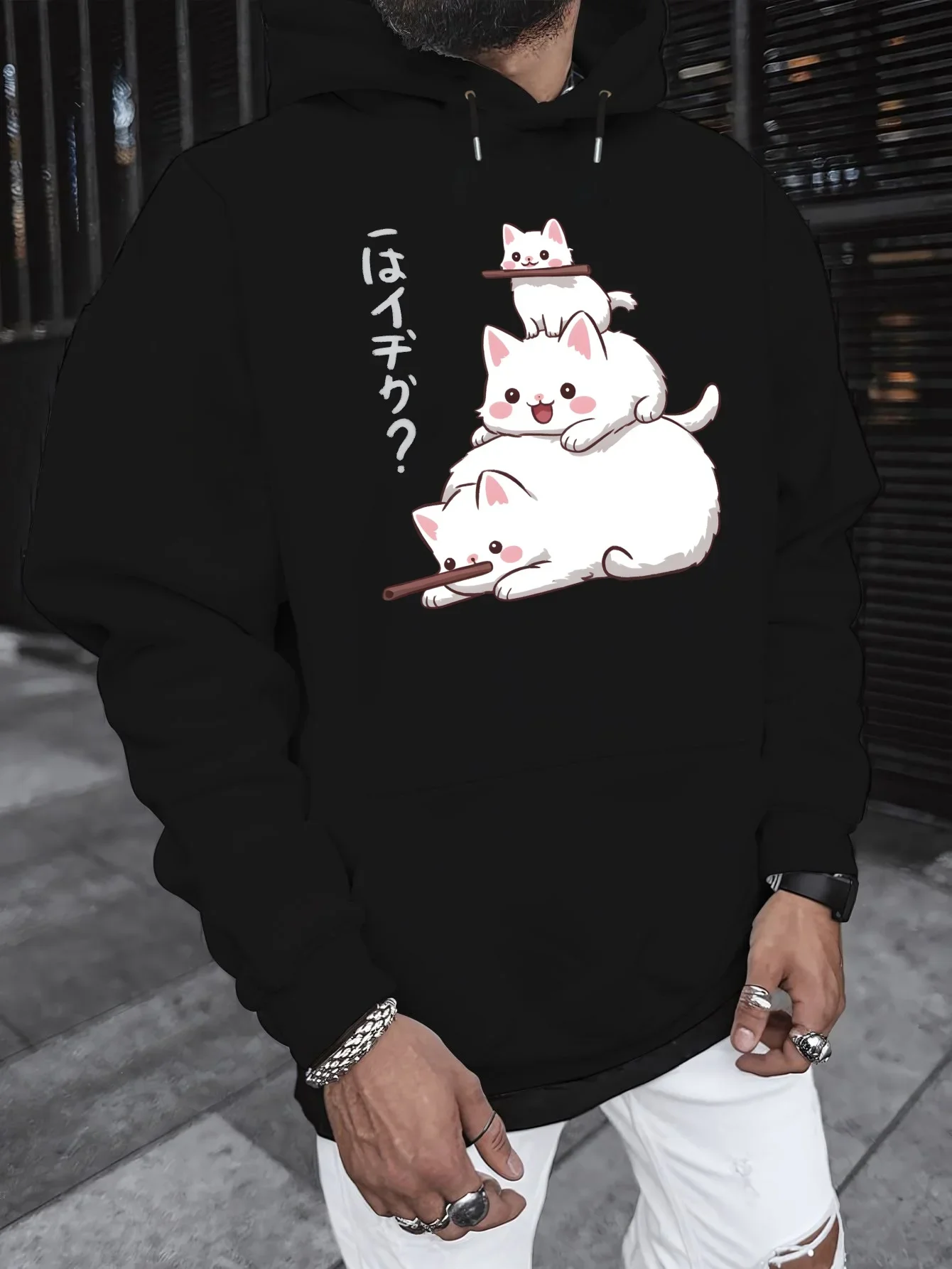 Japanese Kawaii Stacked White Cats Graphic Hoodie Cute Anime Style Pet Print Pullover Hooded Sweatshirt Unisex Loose Fit