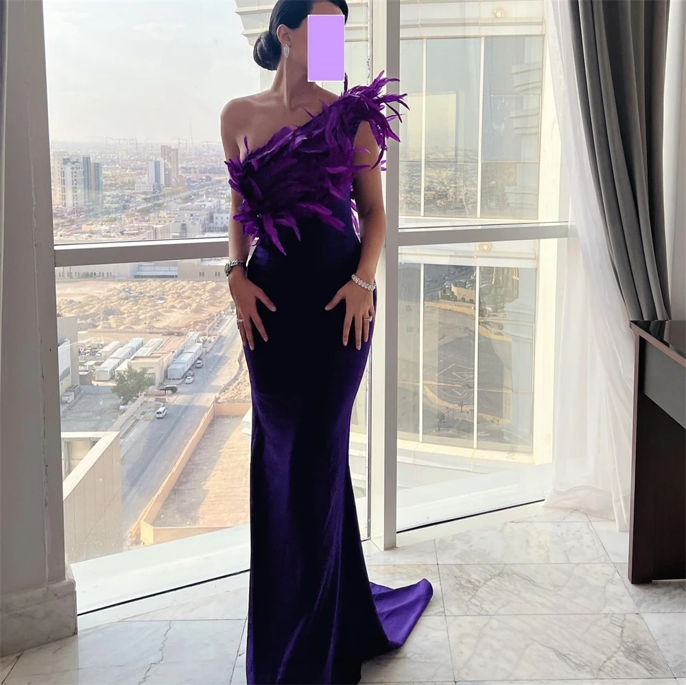 Customized Fashion One Shoulder Sheath Party Dress Floor Length Sleeveless Feathers Formal Evening Gowns 이브닝드레스 فستان سهره