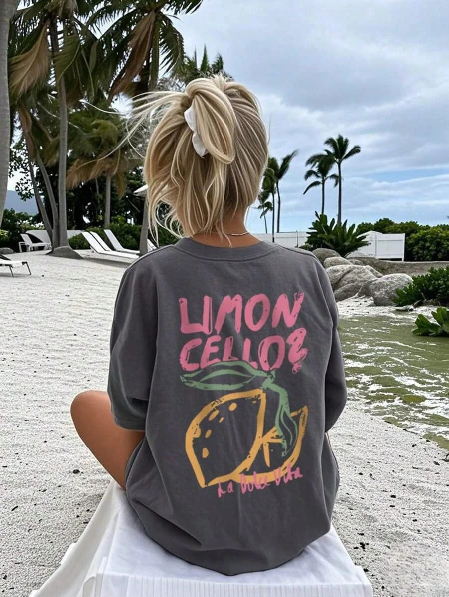 Sommer Damen Zitronen-Grafik T-Shirt Baumwolle Streetwear Übergroß Locker Lässig Kurzarm Geeignet für Alle Jahreszeiten