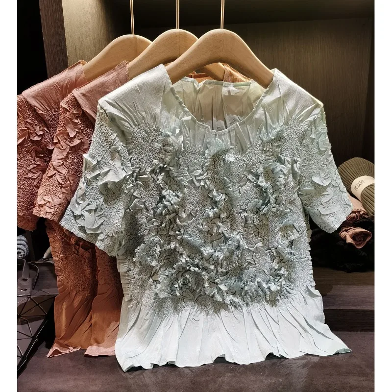

Футболка-плиссе Miyake Leaf: модный дизайн 2026 года, летняя новинка, топ с эффектом мятости и тиснения, стройнящая футболка с плиссировкой