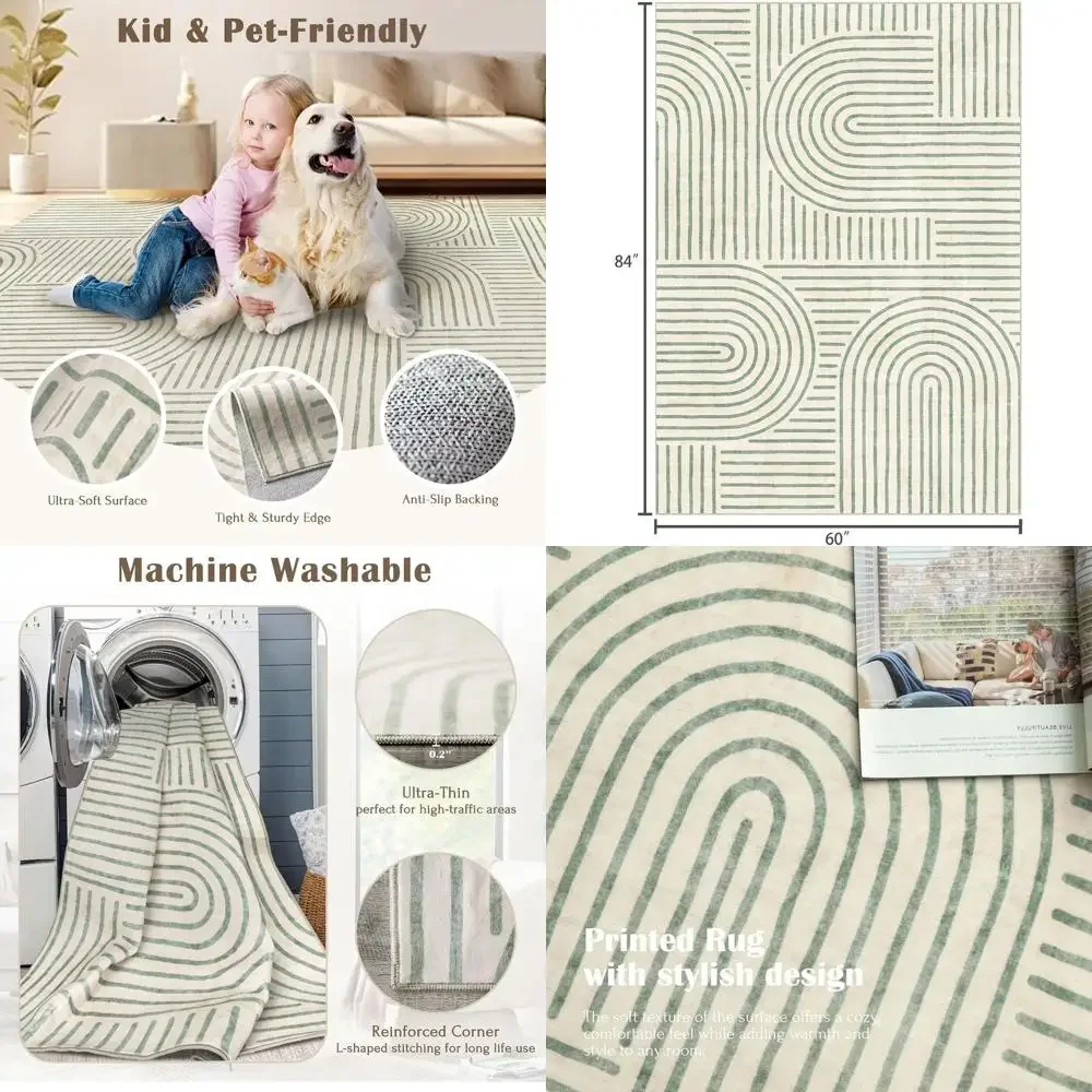 

Boho Chic 5x7 Washable Rug - Soft Sage Green Indoor Carpet with Modern Rainbow Abstract Design for Living Room, Bedroom, Dining