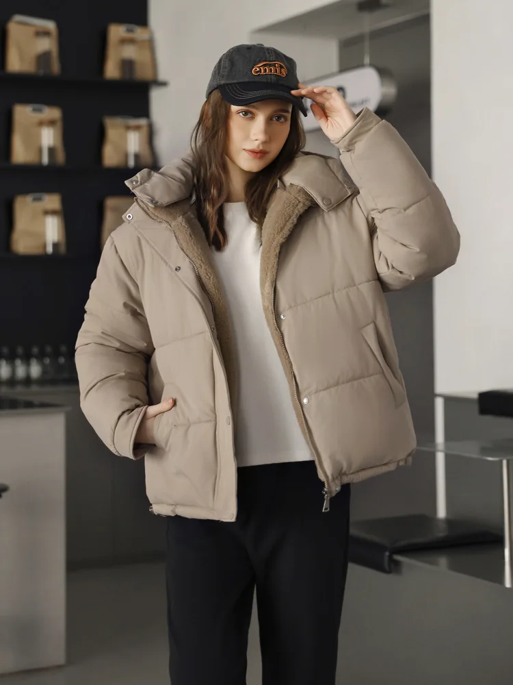 

Winter Double-sided Cotton Jacket For Women Fashion Detachable Hooded Thicken Overcoat American 2025 New Casual Warm Plush Coat