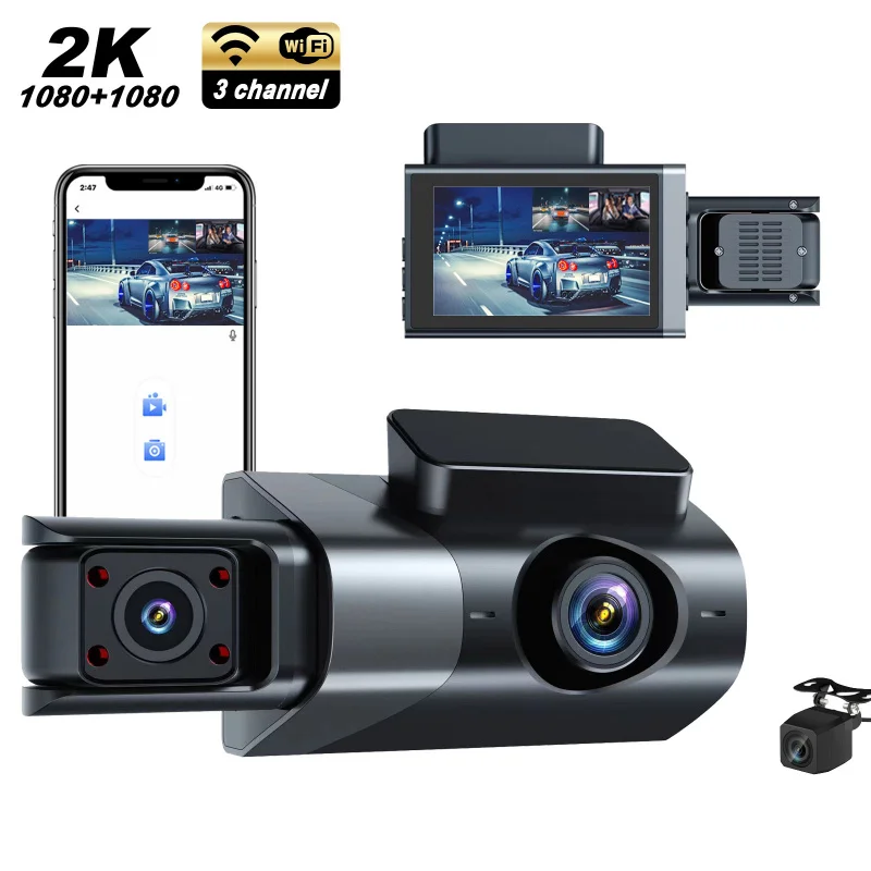 Supplier mini car dvr 3 channel dash camera 2k wifi dashcam hd lens front and rear Inside cam