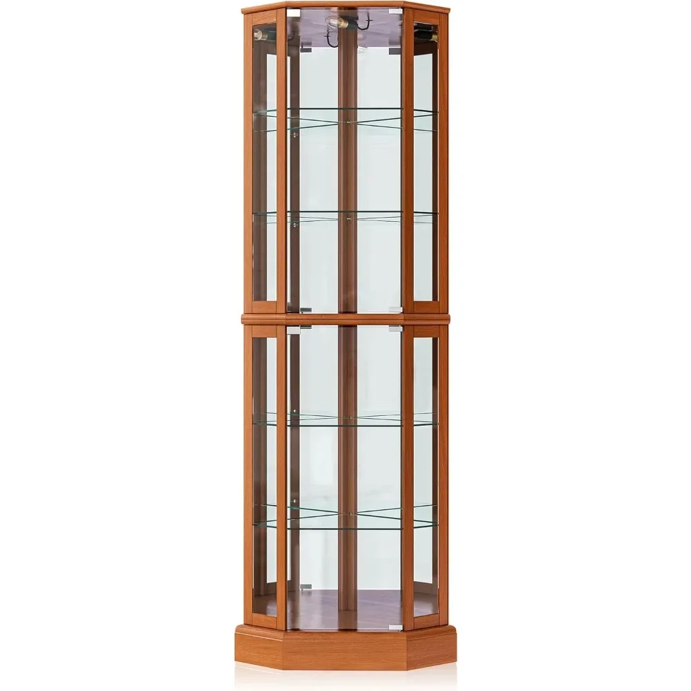 Lighted Curio Cabinet Corner Display Case for Living Room, China Hutch with Tempered Glass Doors and Shelves, Wooden Cabinet