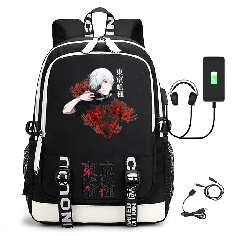 2022 Backpack with USB Charging School Bag for Boys Girls Tokyo Ghoul Print University School Bags