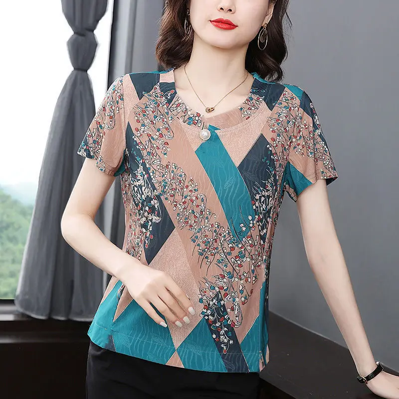 Fashion O-Neck Short Sleeve Beading Printed Blouse Women's Clothing 2024 Summer New Oversized Casual Pullovers Commuter Shirt