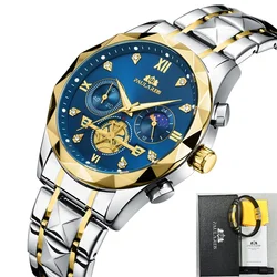 Luxury Watches for Men Luminous Chronograph Gold Blue Green Quartz Casual Diamond Shaped Bezel Stainless Steel Reloj Hombre