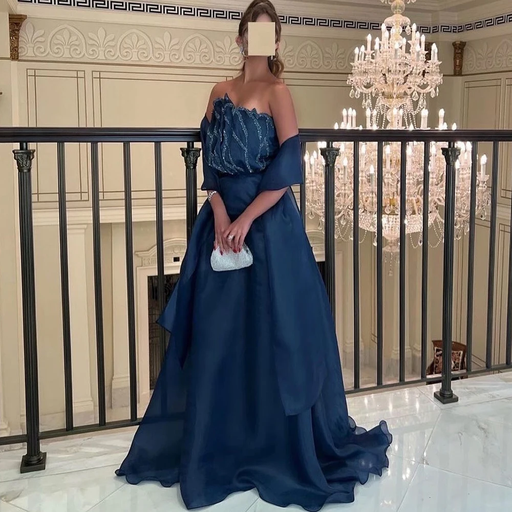 

CustomizedExquisite Dark Blue Organza Sequined A-Line Strapless Sleeveless Evening Dresses Lace Floor Length Off the Shoulder Sw