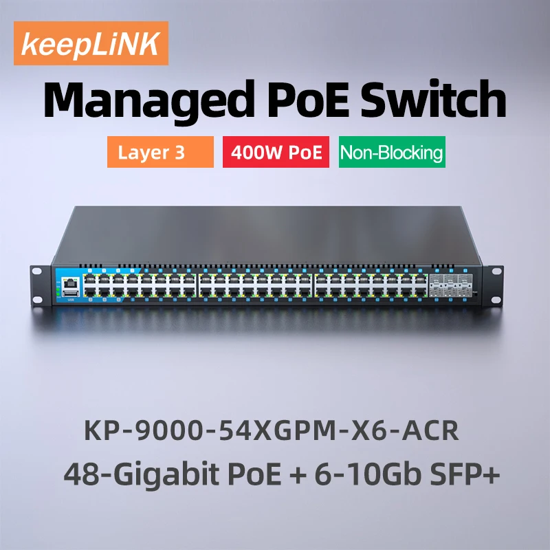 KeepLiNK 48-Port Gigabit Managed Switch with 48-PoE Ports and 6-10G SFP+ Uplink