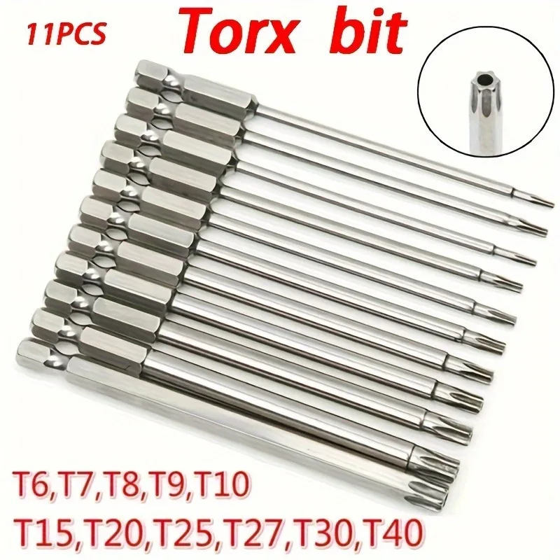 11Pcs 75mm Torx Screwdriver Bits T6-T40 1/4