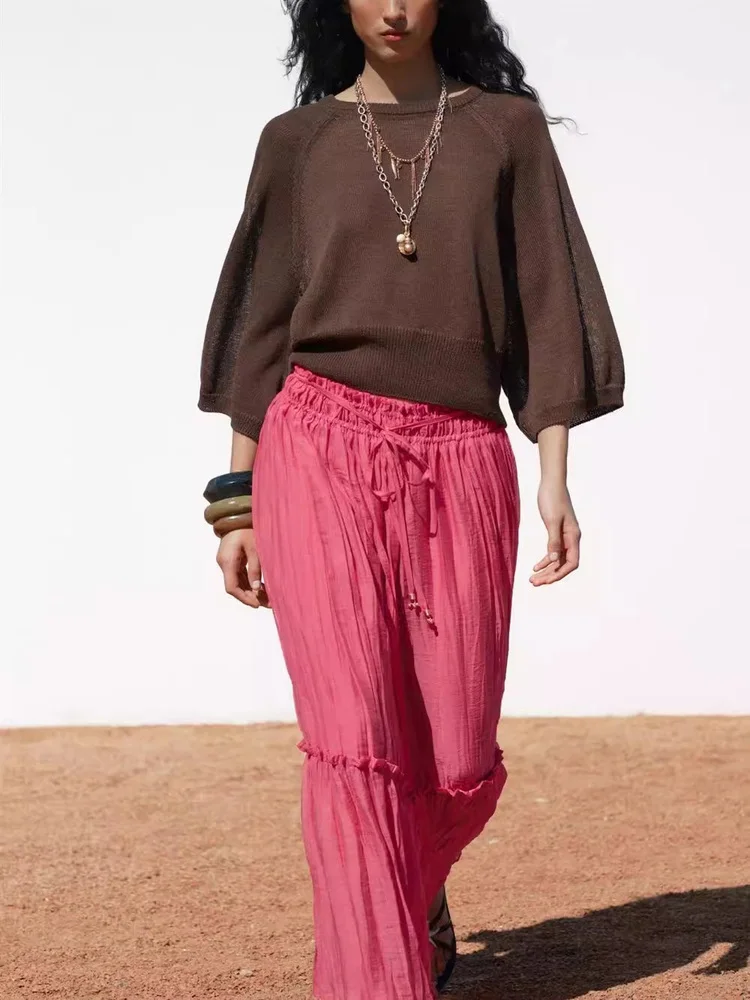 

Ele Simple Wide Sve round Ne Knitted Top Women's College Sle Faionable Mid-Length Polyester Fiber Single Piece