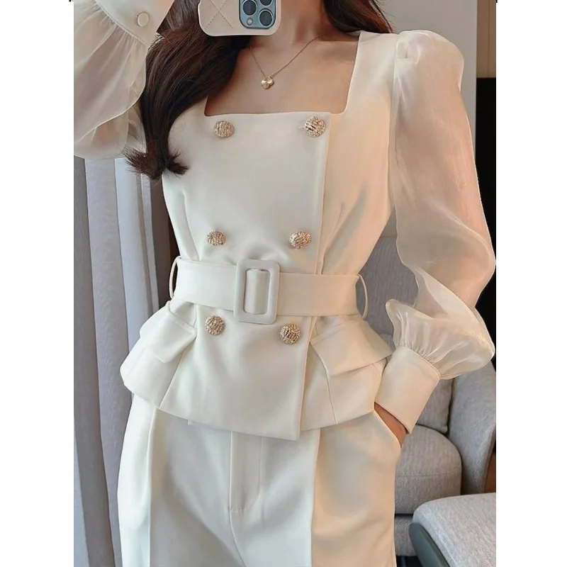 Loose Tailored Trousers Wide Leg Pant Suits Autumn Square Collar Double-breasted Blazers Women Belt Waist Thin Coat 2 Sets