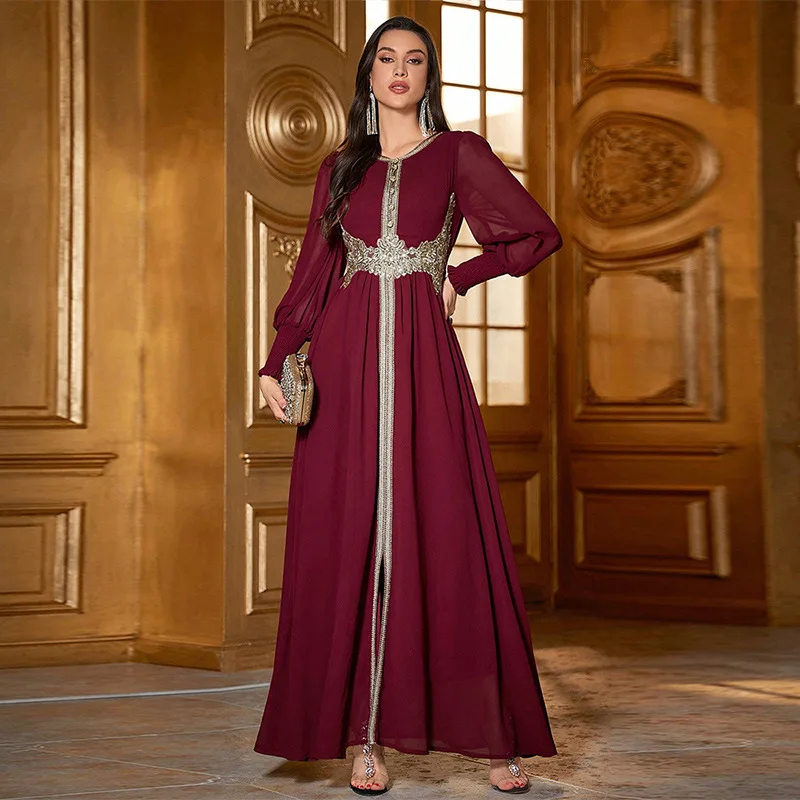 Ramadan Muslim Women Applique Long Sleeve Dress Marocain Abayas Dubai Turkey Kaftan Evening Caftan Arab Party Dresses Vestidos