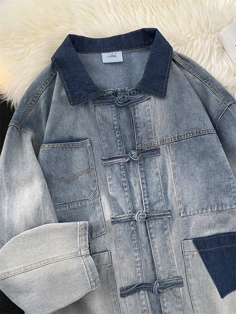 

Vintage Chinese Sle Buttoned Denim Jaet adual Wa Long Sve Turn-down Collar Outerwear for Men Autumn Casual Wear