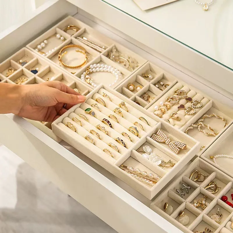 custom.Drawer Partition Jewelry Box Compartmentalized Storage Box with Built-in Trays Necklace and Ring Organizer
