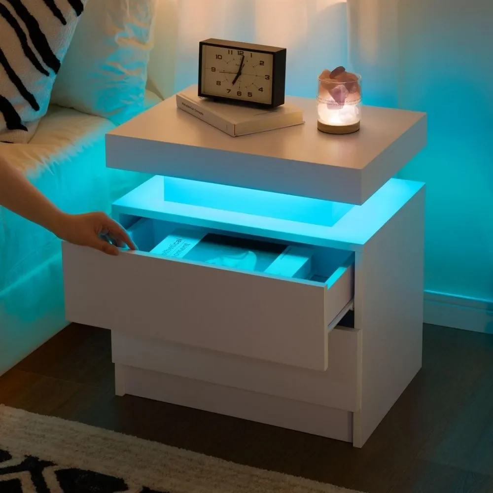 

White Nightstand LED Bedside Table for Bedroom Modern Night Stand with 2 Wood Drawers End Side Table for Bedroom