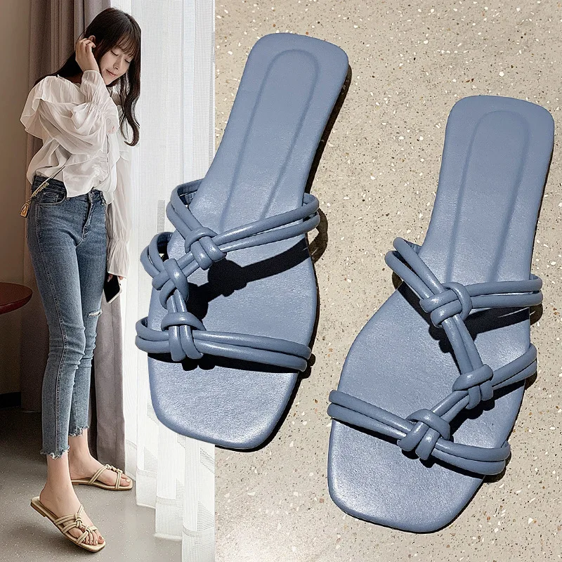 2022 Slippers Women Summer Korean Version New Square-toe Flat Heel Candy Color Fashion Outer Wear Sandals Slippers Size 42