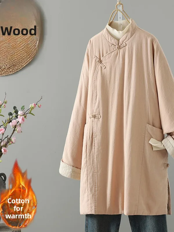 

Thickened Cotton Jacket Women's Fashionable Chinese Style Pure Color Loose Fit Maternity Coat Retro Commute Long Sleeve Coat