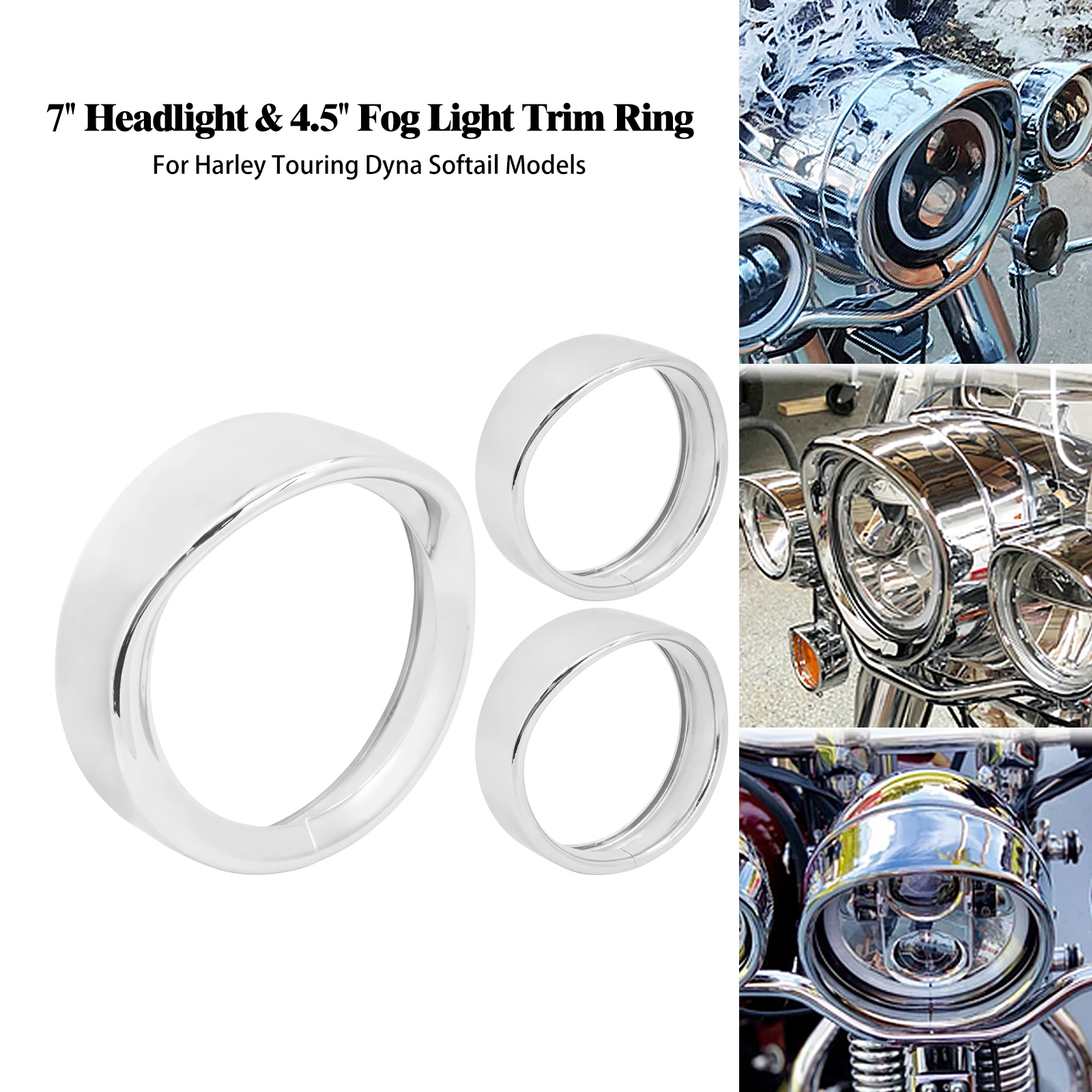 

Motorcycle Chrome 7'' Headlight Visor Style Trim Ring + 4.5'' Auxiliary Fog Light Ring For Harley Touring FLHR FLHT Softail Dyna