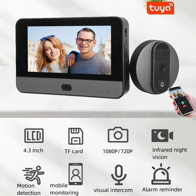 WiFi Smart Video Doorbell Eye Peephole 4.3 Inch 2.4G PIR Visual Home Outdoor Camera Night Vision 1080P Tuya Digital Door Viewer