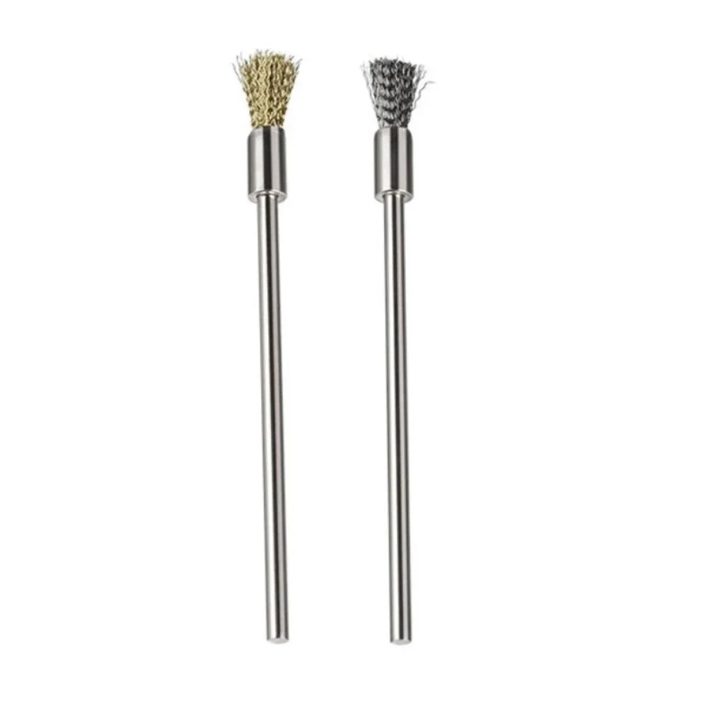 2pcs Pencil Brushes Stainless Steel Mounted Wire Wheel Mandrel Set Accessory Rotary Tools 3mm Shank Mandrel Silver