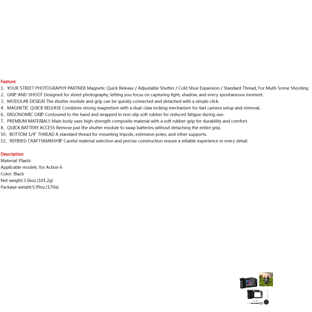 

Street Grip Kit for DJI Osmo Action 6,Protective Frame with Handle Camera Cage Handle Combo with Lens Cap&Strap for Photography