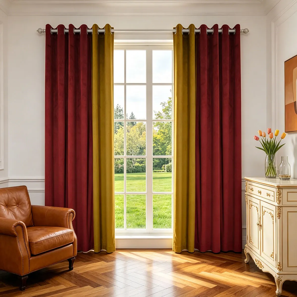 Burgundy & Ochre Color Block Velvet Curtains 2‑Pack, Grommet Top Blackout Drapes for Vintage Living Room Bedroom Home Decor